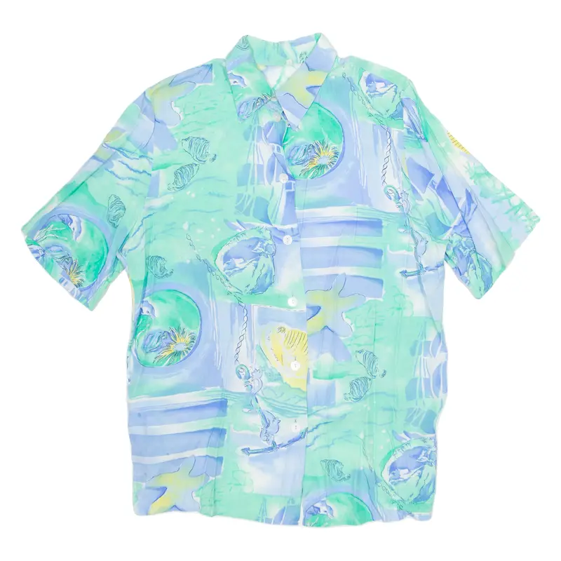 Womens Printed Shirt Blue Collared Crazy Pattern L 1