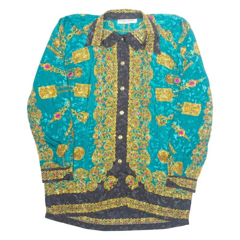 Womens Printed Shirt Blue Collared Long Sleeve Crazy Pattern L 1