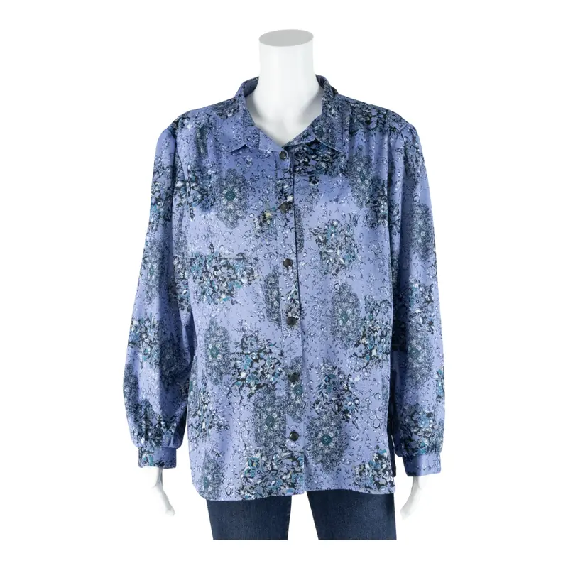 Womens Printed Shirt Blue Collared Long Sleeve Floral Xl 1