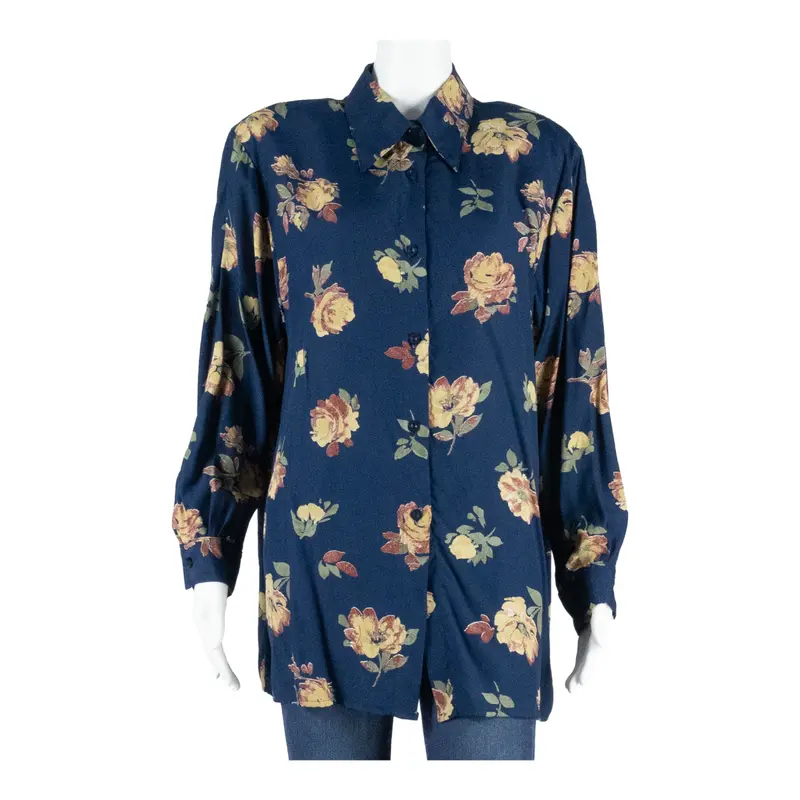 Womens Printed Shirt Blue Long Sleeve Floral L 1