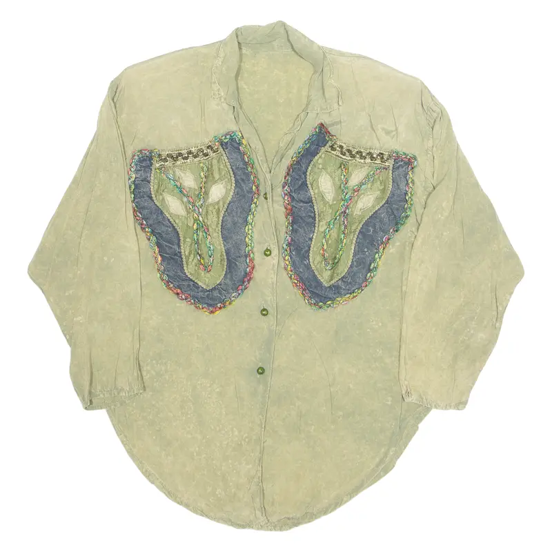 Womens Printed Shirt Green V-Neck Long Sleeve Crazy Pattern L 1