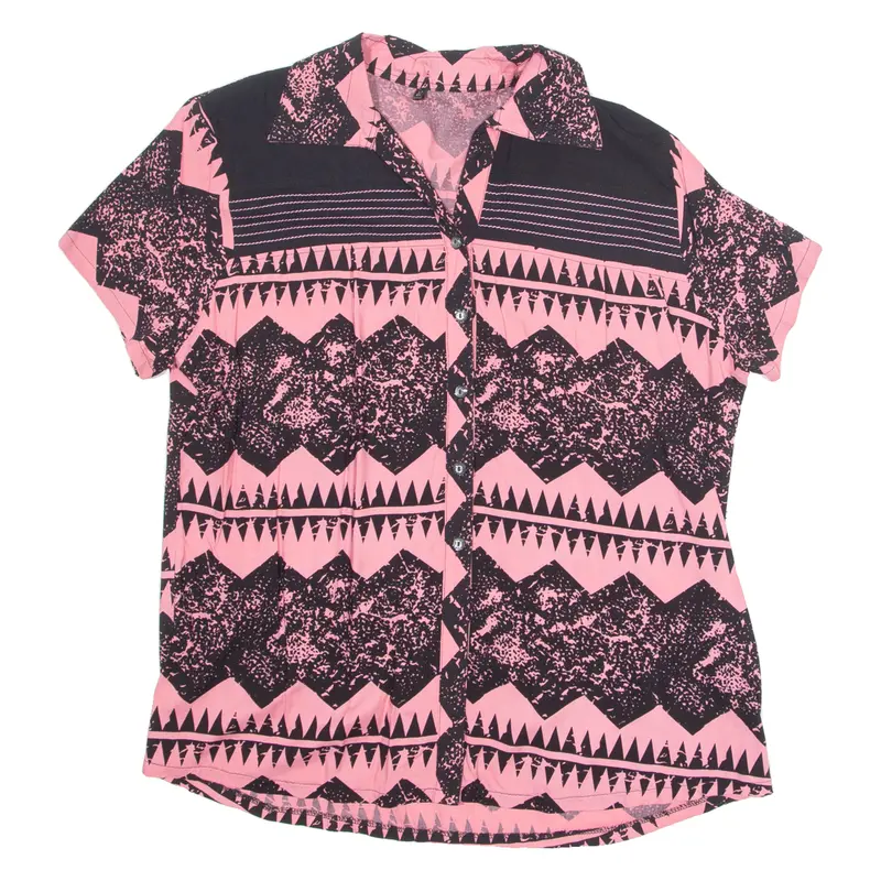 Womens Printed Shirt Pink V-Neck Crazy Pattern L 1