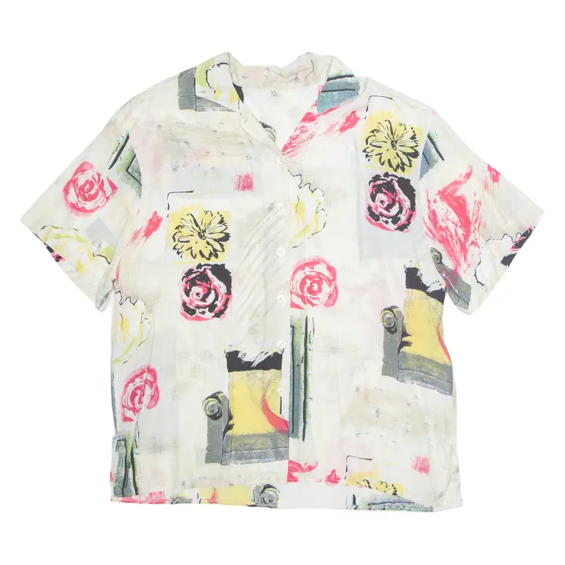 Womens Printed Shirt White Collared Viscose Floral L 1