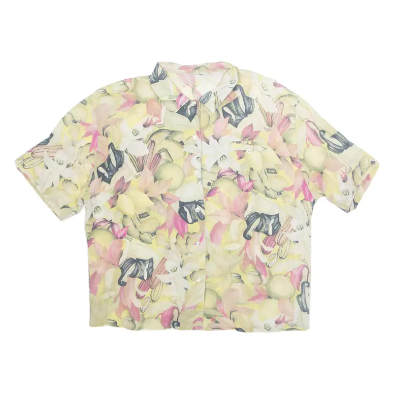 Womens Printed Shirt Yellow Collared Crazy Pattern L 1