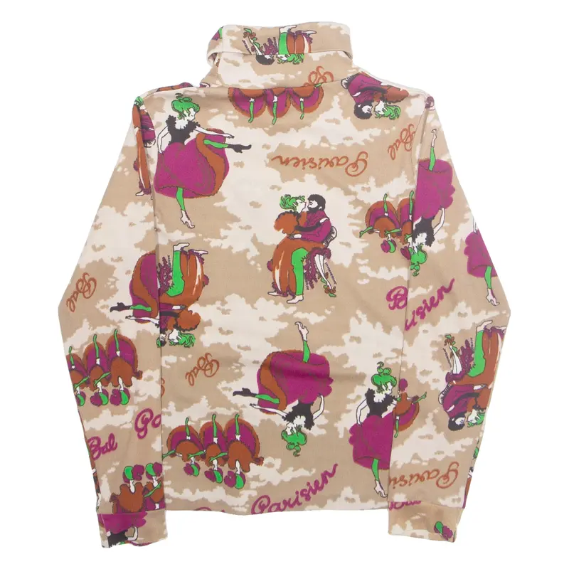 Womens Printed Top Beige High Neck Long Sleeve Crazy Pattern S 1
