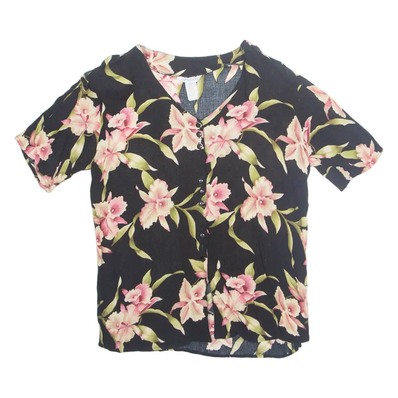 Womens Printed Top Black V-Neck Floral L 1