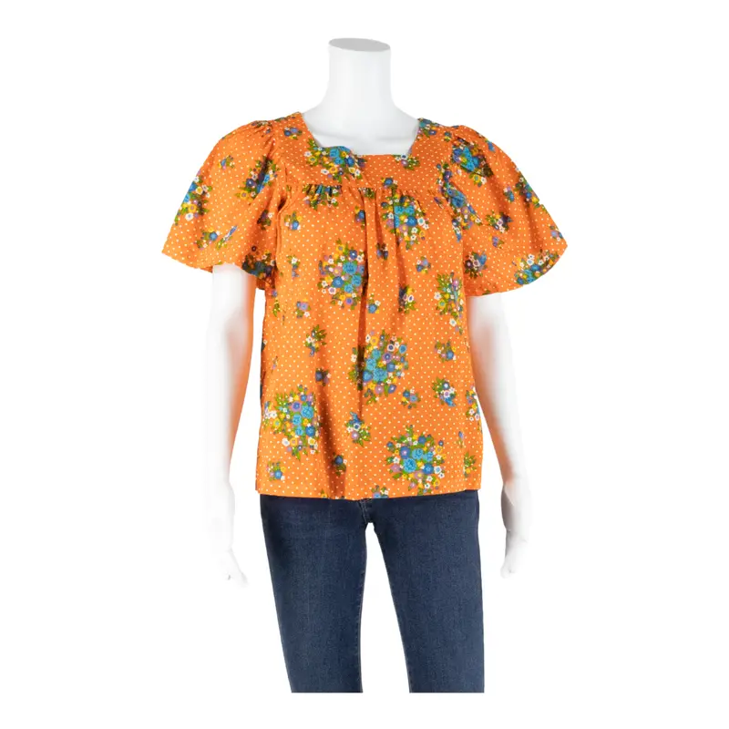Womens Printed Top Orange Puff Sleeve Floral S 1