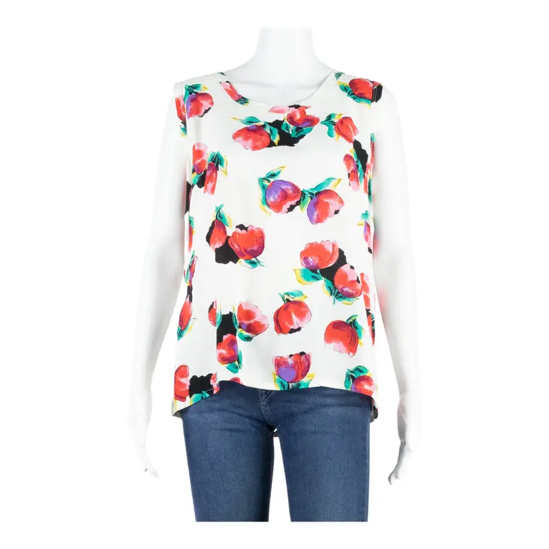 Womens Printed Top White Sleeveless Floral L 1