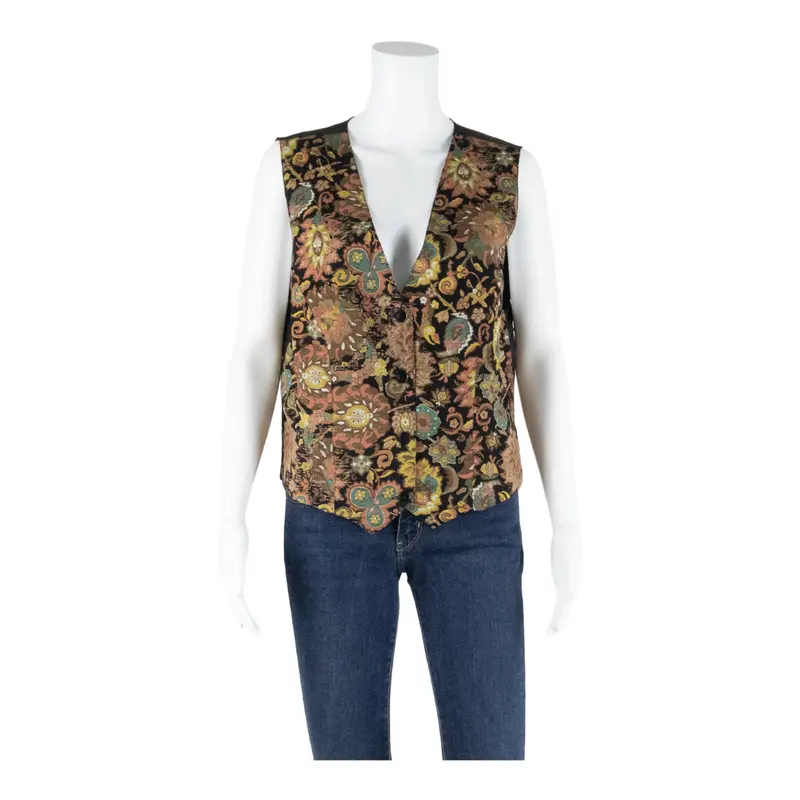 Womens Printed Waistcoat Brown V-Neck Sleeveless Floral M 1