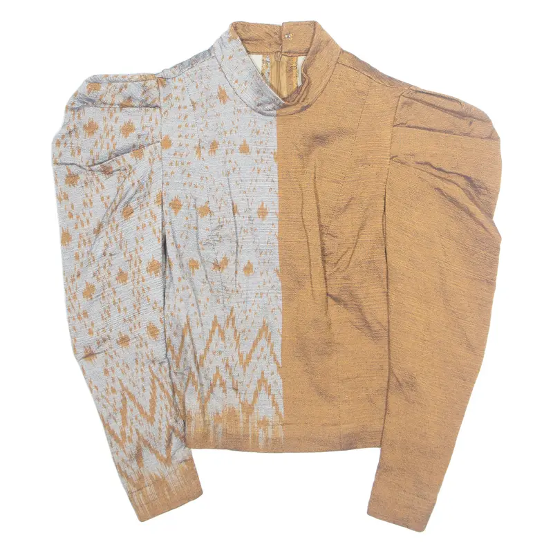 Womens Puff Sleeve Top Brown High Neck Long Sleeve Colourblock S 1