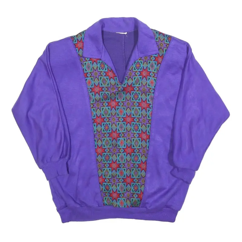Womens Purple Sweatshirt Pullover S Patterned Panel Collar Retro Style Casual 1