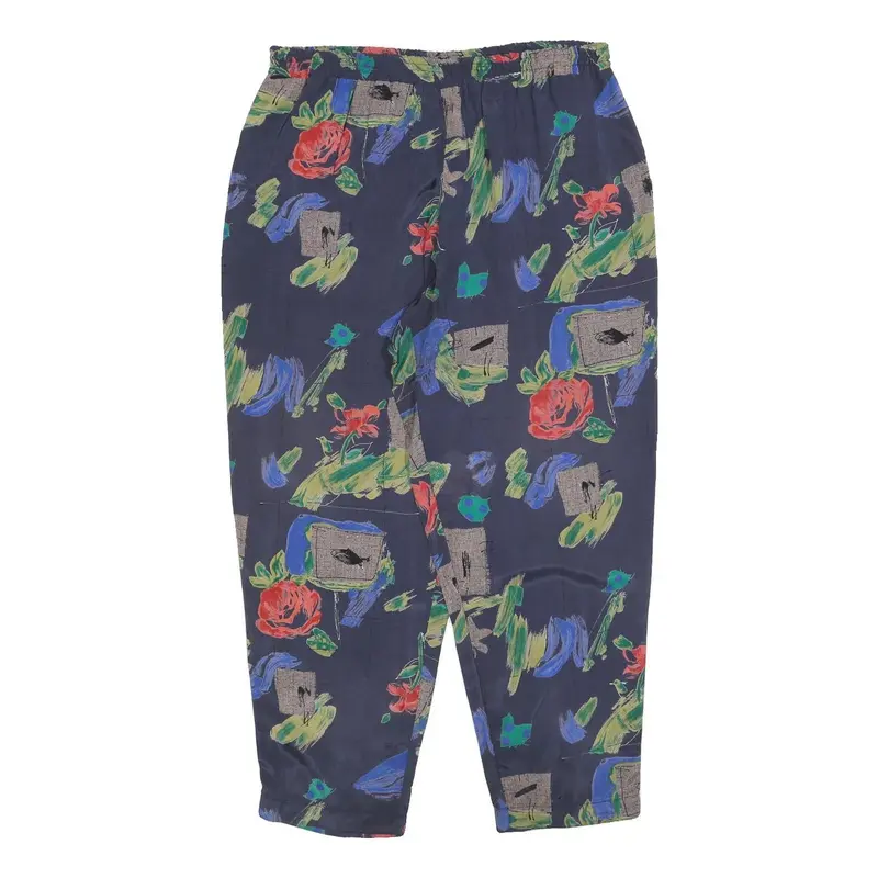 Womens Rayon Relaxed Navy Blue Floral Pattern Trousers W35 L30 Casual Soft 1