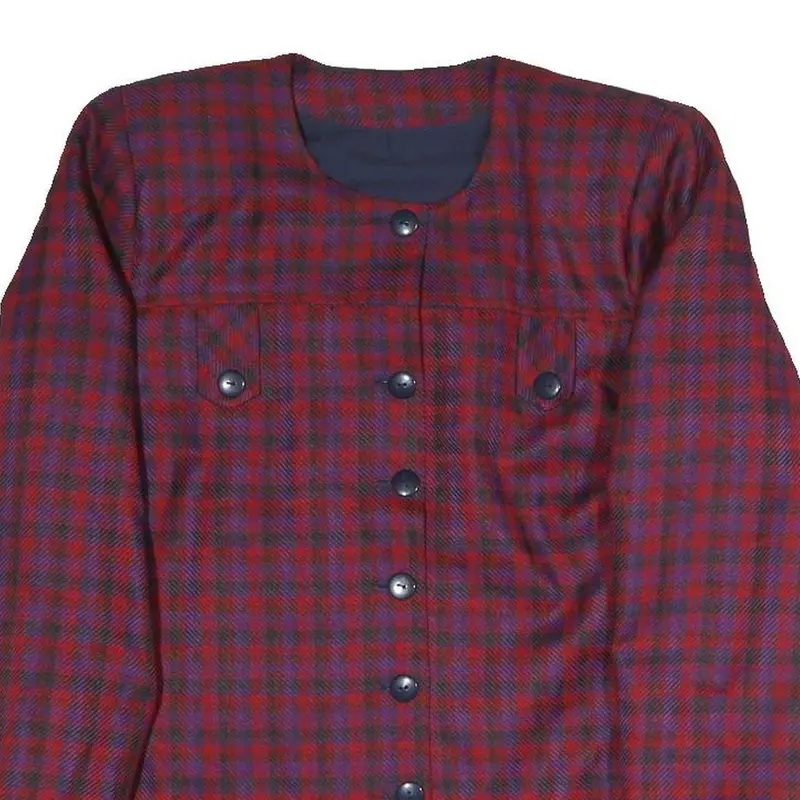 Womens Red Blue Check Button Jacket L Polyester Blend Classic Fit Long Sleeve 2