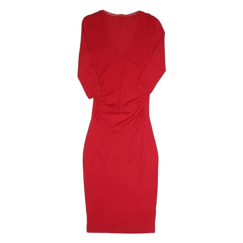 Womens Red Bodycon Cotton Blend Midi Dress S V Neck Ruched Sides Casual 1