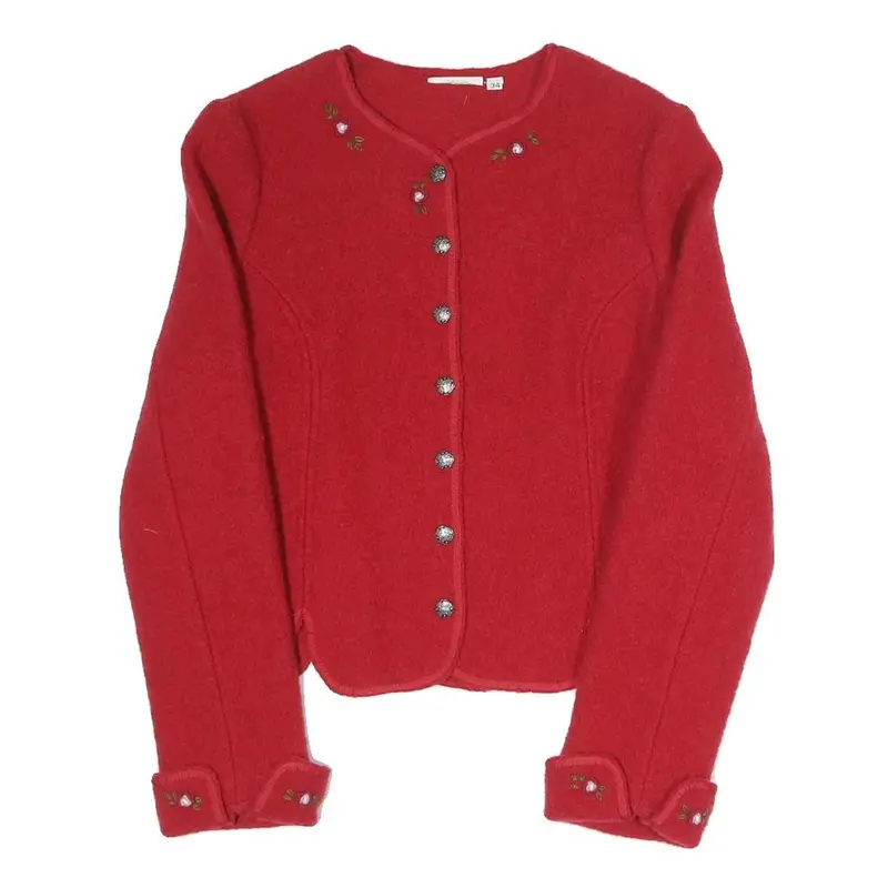 Womens Red Button Jacket S Polyester Blend Plain Elegant Floral Embroidery 1