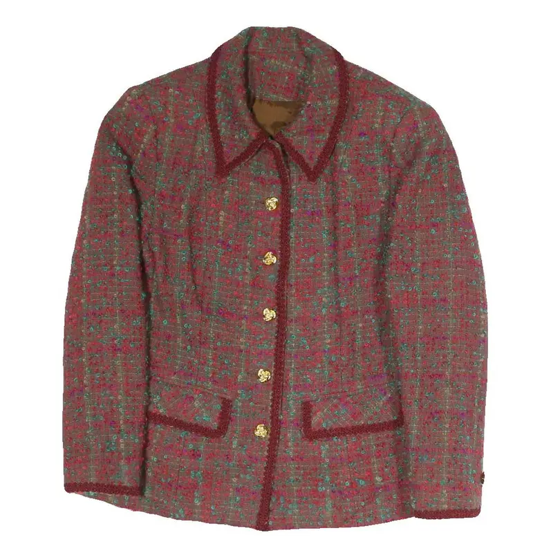 Womens Red Check Blazer Cotton Blend S Classic Fit Button Closure Long Sleeve 1