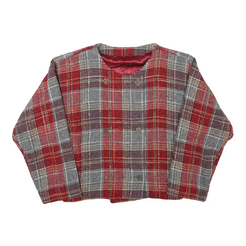 Womens Red & Grey Plaid Wool Blend Button Jacket Xs Woven Cropped Classic 1