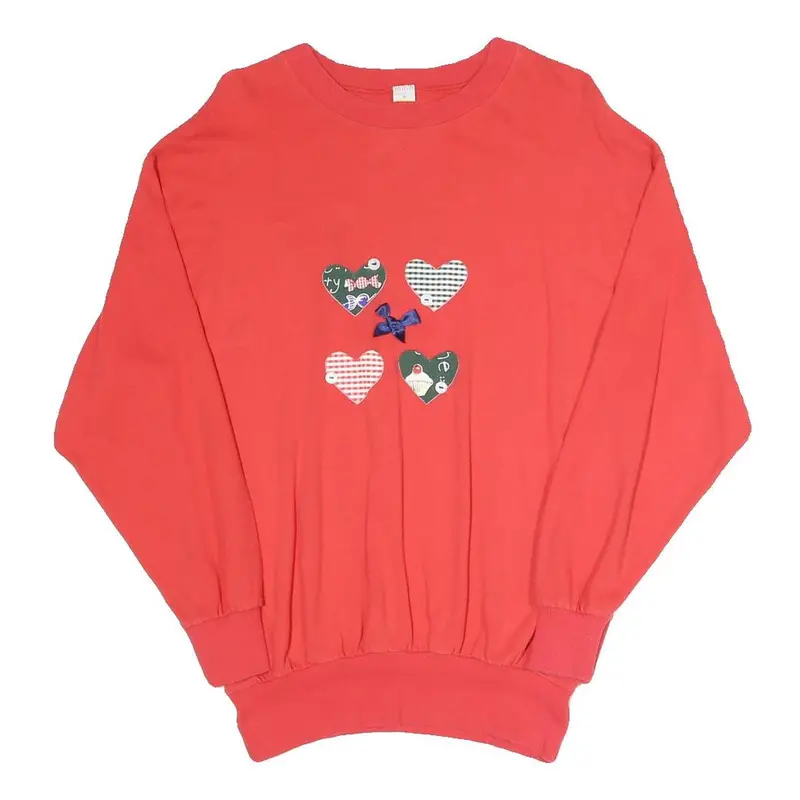 Womens Red Sweatshirt Hearts Applique Crew Neck S Cotton Blend Pullover Comfort 1
