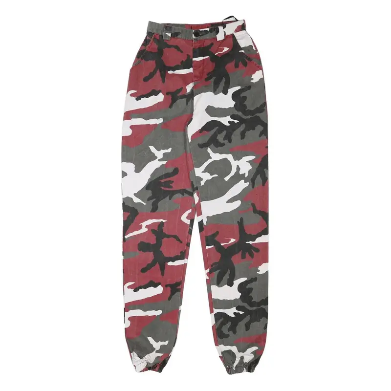 Womens Relaxed Fit Red Black & Grey Camouflage Cotton Blend Trousers W24 L32 Zip 1