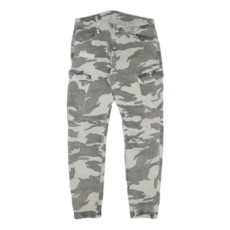 Womens Relaxed Grey & White Camo Button Trousers W30 L28 Casual Cargo Style 1