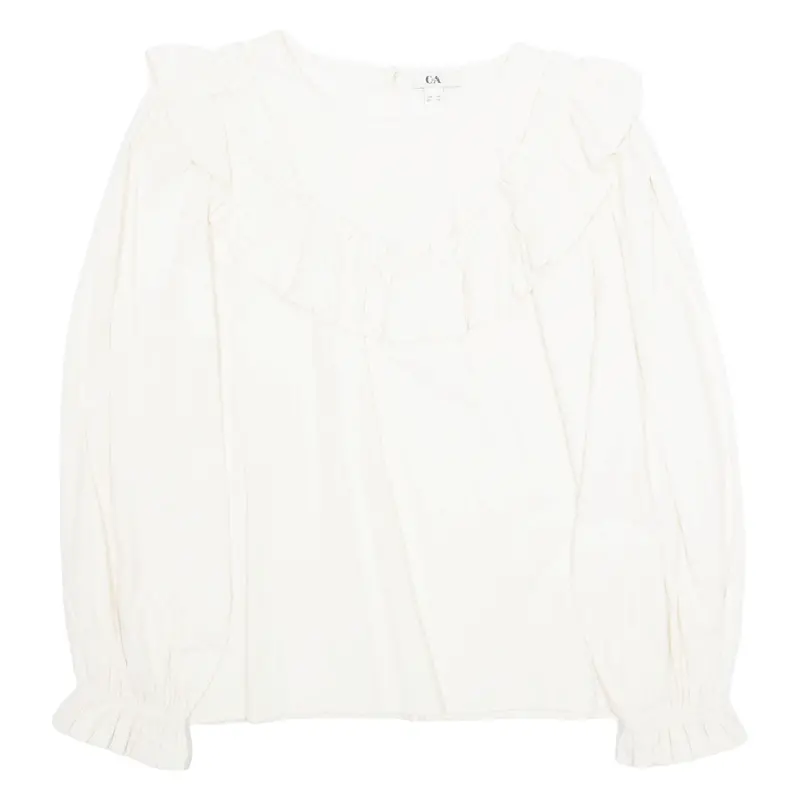 Womens Ruffle Blouse Beige Long Sleeve S 1