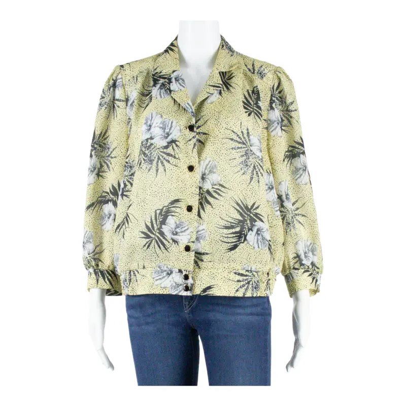 Womens Shirt Blouse Yellow V-Neck 3/4 Sleeve Floral M 1