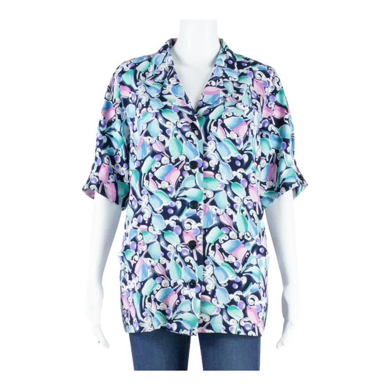 Womens Shirt Blue Collared Crazy Pattern M 1