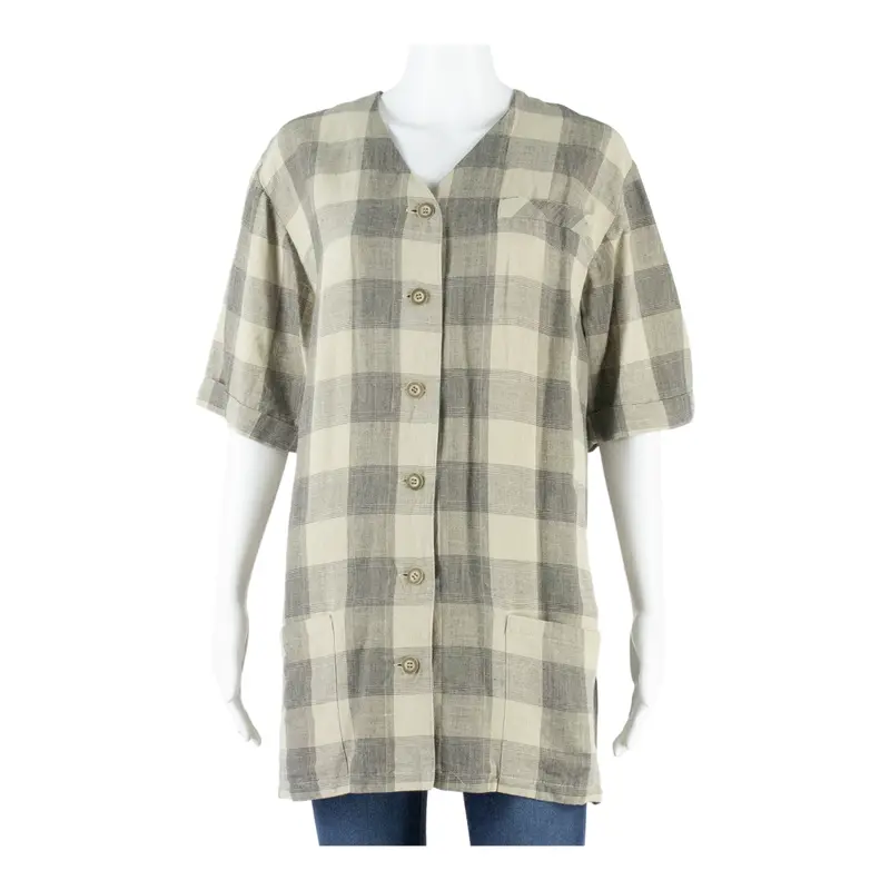 Womens Shirt Brown V-Neck Viscose Check Uk 10 1