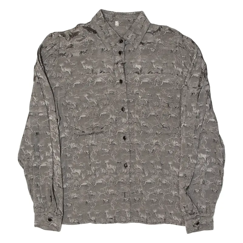 Womens Shirt Grey Viscose Crazy Pattern Long Sleeve Uk 10 1