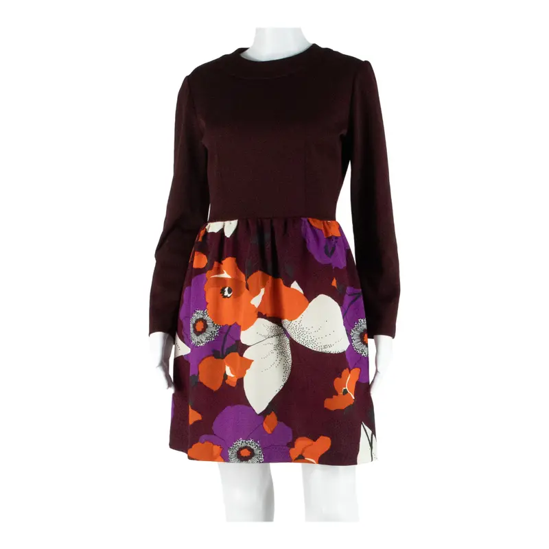 Womens Skater Dress Maroon Floral Long Sleeve Knee Length S 1