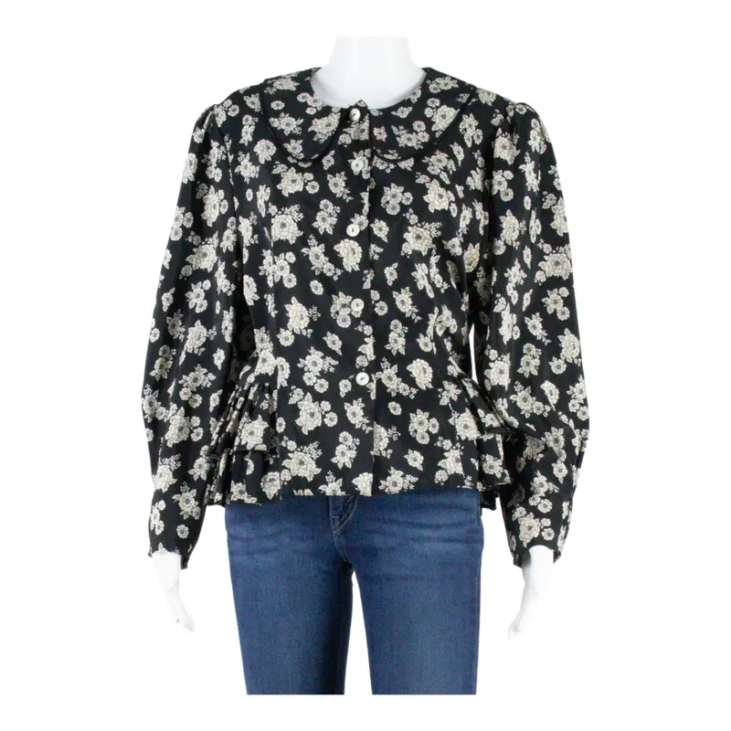 Womens Smock Blouse Black Long Sleeve Floral S 1