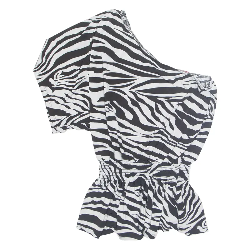 Womens Smock Blouse Black One Shoulder Crazy Pattern M 1