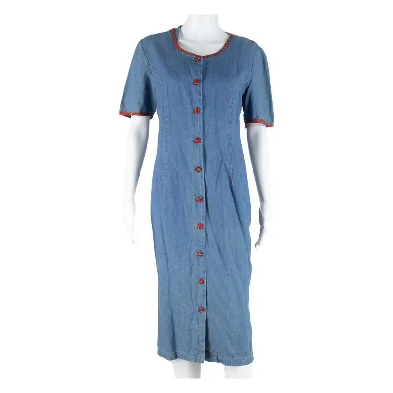 Womens T-Shirt Dress Blue Denim Check Short Sleeve Midi M 1