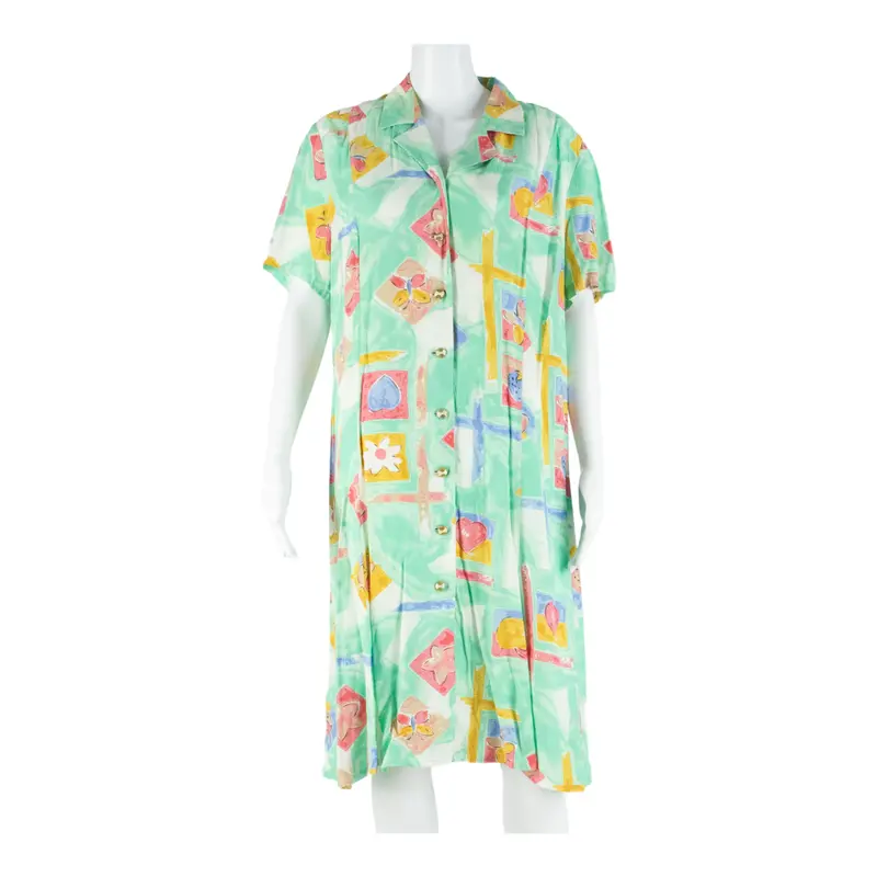 Womens Tea Dress Green Crazy Pattern Short Sleeve Knee Length M 1