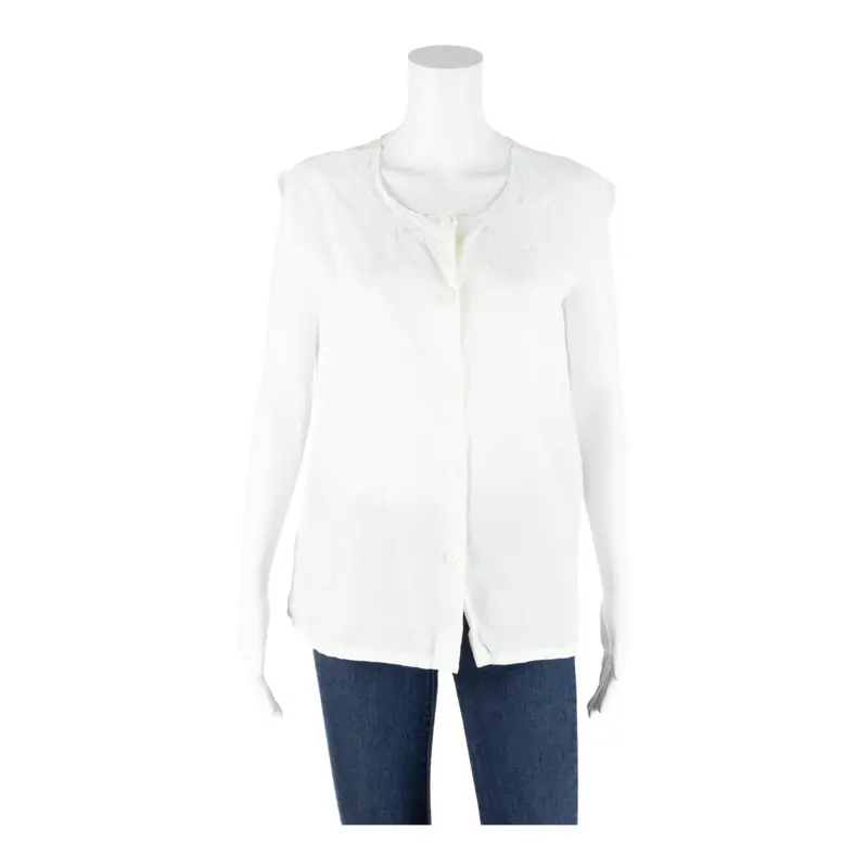 Womens Top White Button Neck Sleeveless Linen M 1