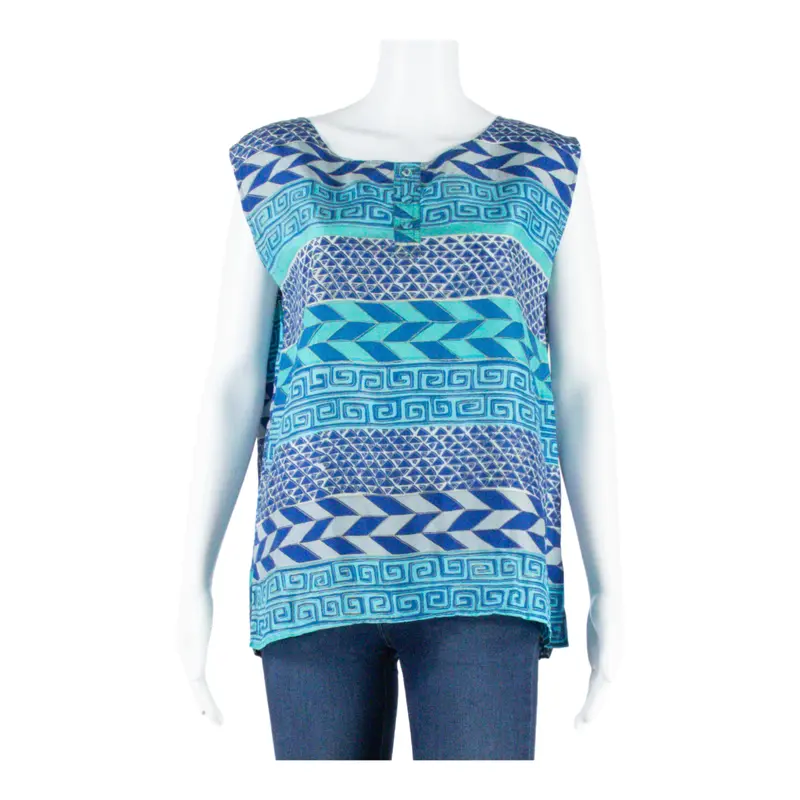 Womens Vests Blouse Blue Sleeveless Faux Silk Geometric 2Xl 1