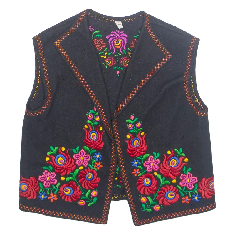 Womens Waistcoat Black Wool Floral S 1