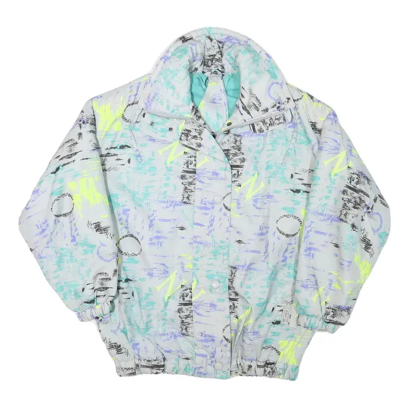 Womens White Abstract Print Zip Polyester Blend Jacket L Casual Outerwear 1