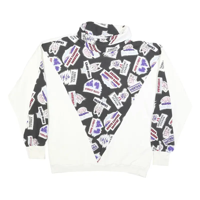 Womens White & Black Graphic Roll Neck Xl Sweatshirt Cotton Blend Pullover 1