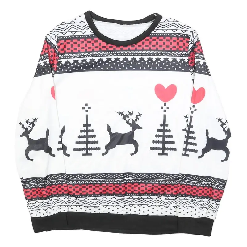 Womens White Black & Red Pattern Sweatshirt Crew Neck M Christmas Holiday 1