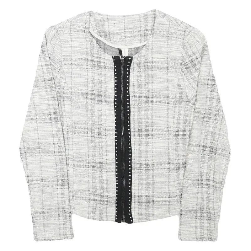 Womens White & Grey Check Cotton Blend Jacket S Woven Zip Closure Stylish 1