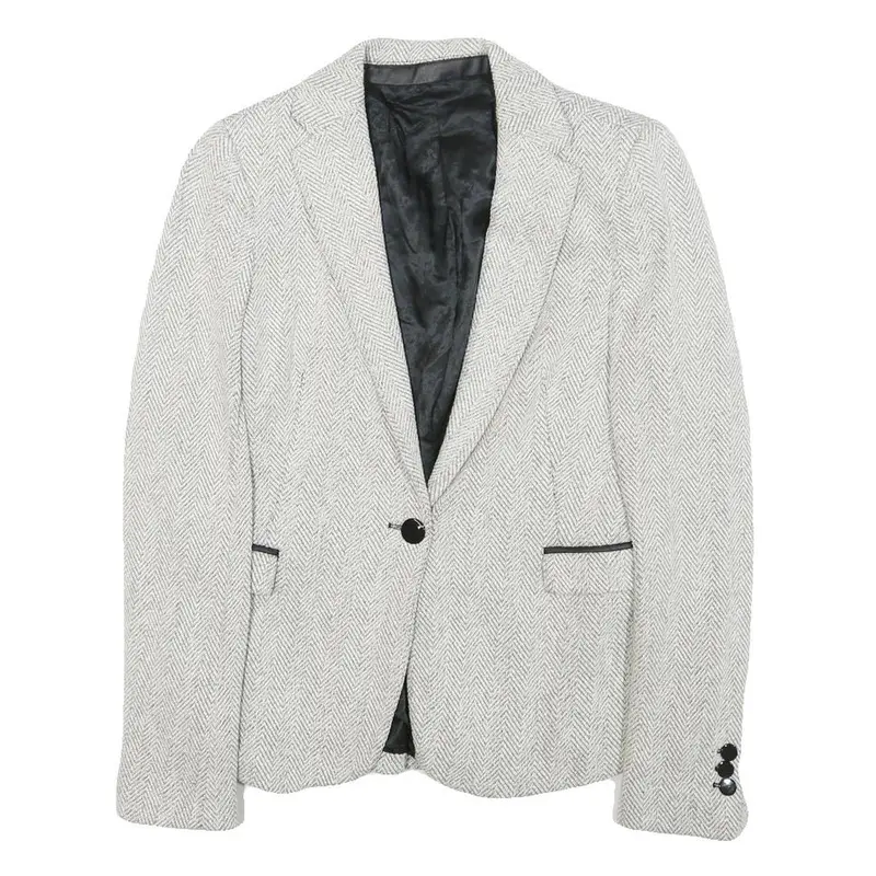Womens White & Grey Herringbone Plain Button Jacket Xs Synthetic Formal Workwear 1