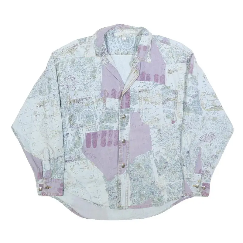 Womens White & Lilac Abstract Pattern Cotton Blend Shirt M Casual Lightweight 1