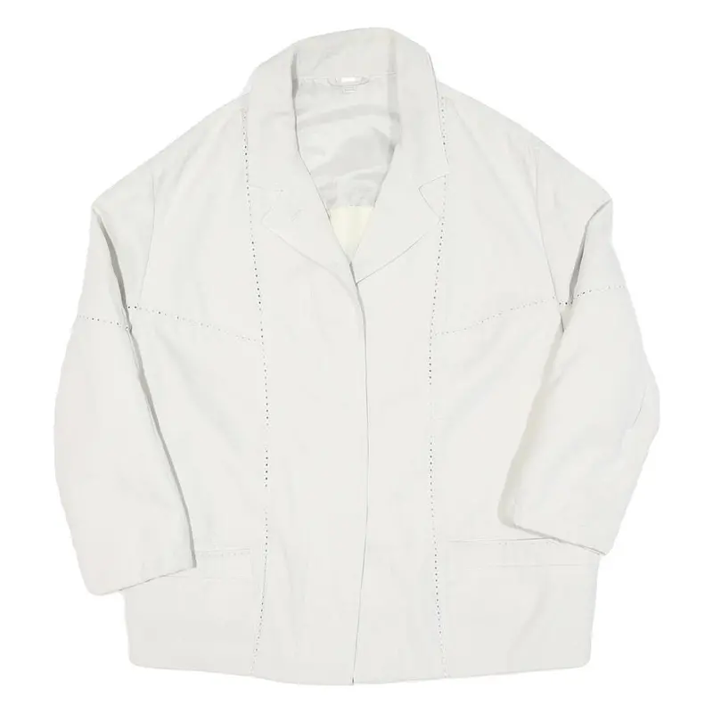 Womens White Plain Jacket L Polyester Blend Button Closure Classic Fit Elegant 1