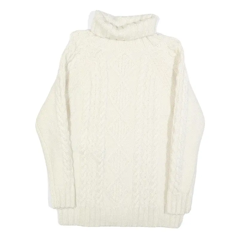 Womens White Plain Jumper Chunky Knit Roll Neck S Cable Knit Comfortable Warm 1