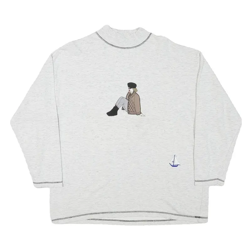 Womens White Sweatshirt Mock Neck L Printed Graphic Cotton Blend Casual 1