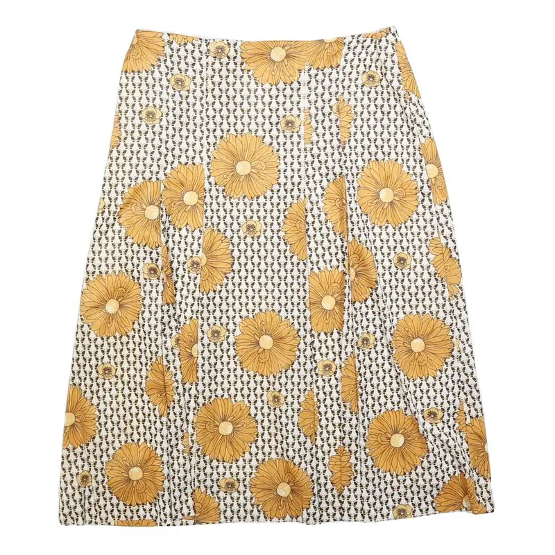 Womens White & Yellow Floral A-Line Midi Polyester Blend Skirt M Vintage Style 1