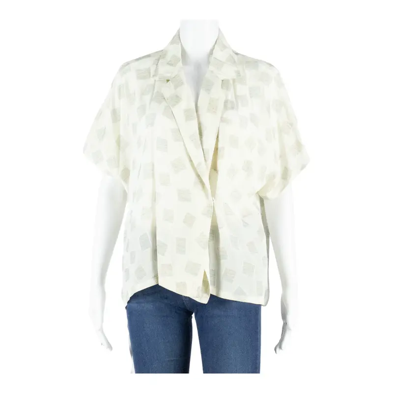 Womens Wrap Blouse Beige V-Neck Patchwork L 1
