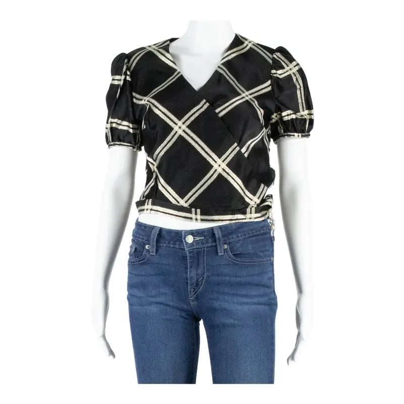 Womens Wrap Blouse Black V-Neck Puff Sleeve Diamond S 1