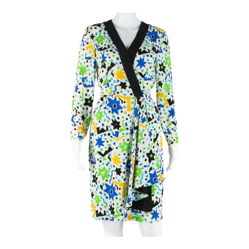 Womens Wrap Dress White Silk Crazy Pattern Long Sleeve Midi S 1